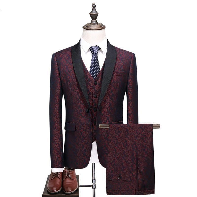 Fashion Printed Blue Burgundy Tuxedo Jacket Pants Vest - mens suits