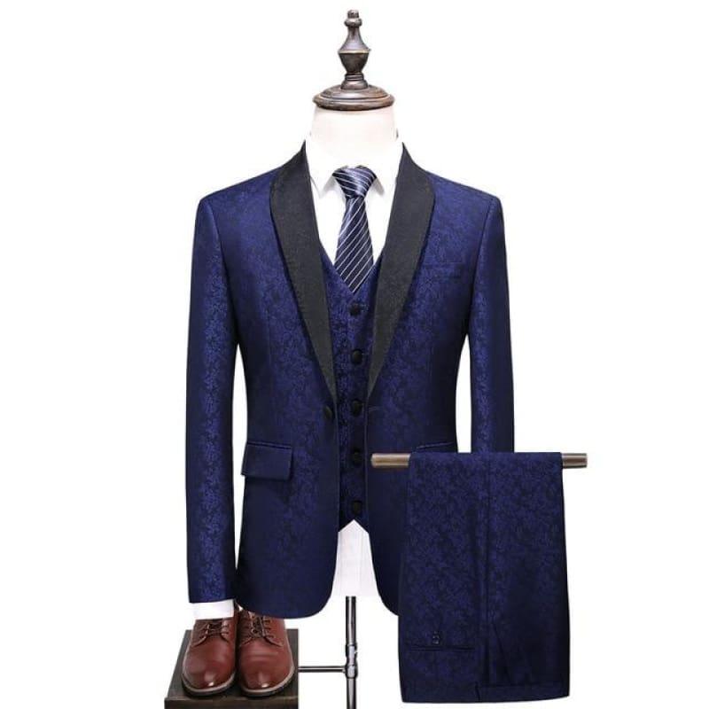 Fashion Printed Blue Burgundy Tuxedo Jacket Pants Vest - Blue / XXXL - mens suits