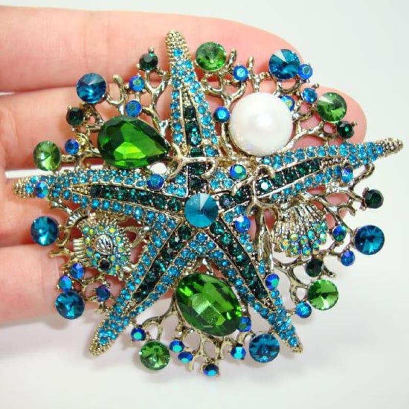 Fashionable Jewelry Retro Style Green Rhinestone Crystal Pearl Starfish Brooch Pin Free shipping - Default title - brooch