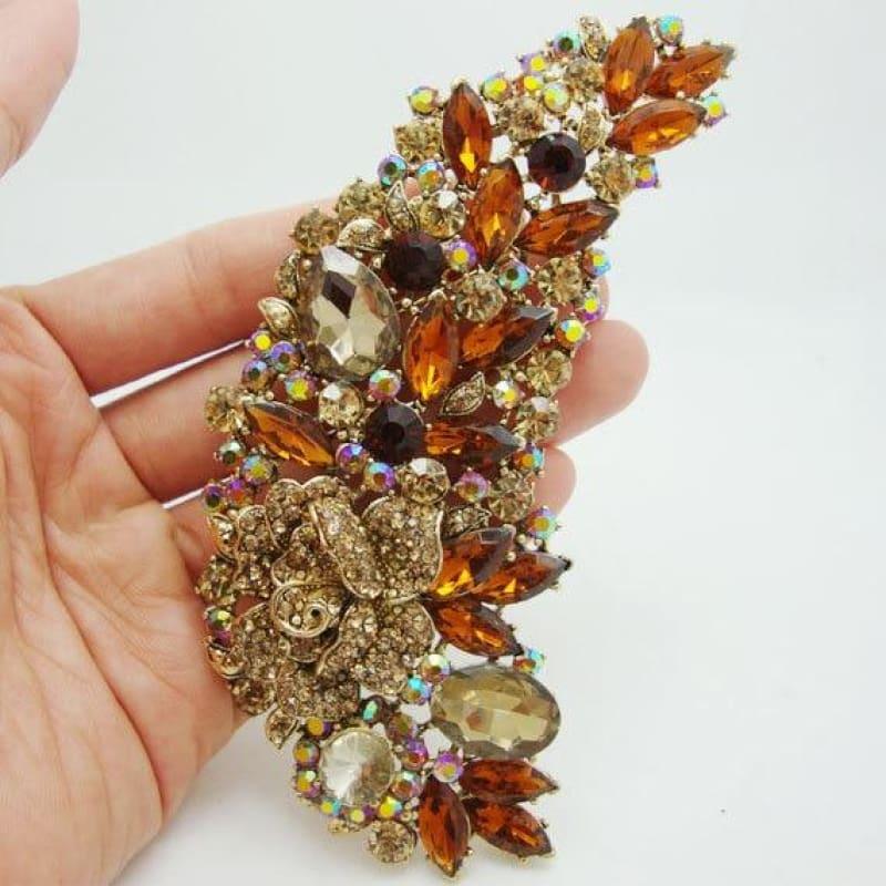 Fashionable Jewelry Vintage Style Rose Flower Brown Crystal Rhinestone Gold-Tone Brooch Pin - brooch