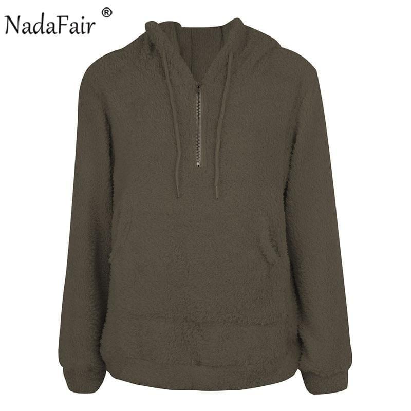 Faux Shearling Hooded Zip Casual Fleece Sweater - Brown / L - women Sweater