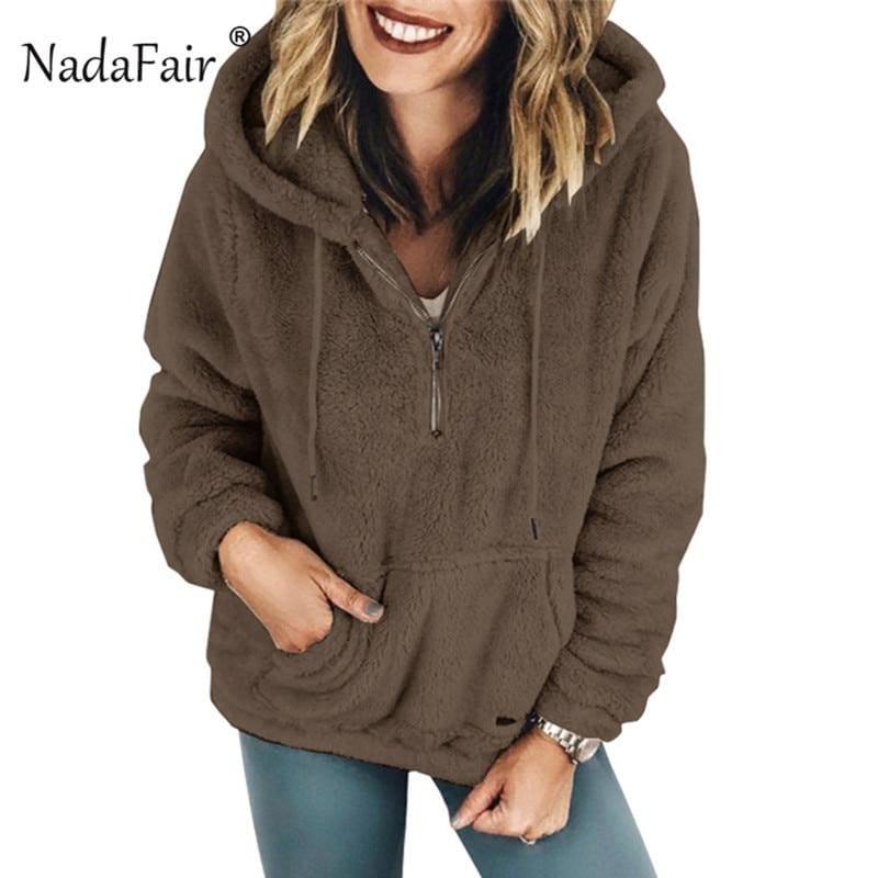 Faux Shearling Hooded Zip Casual Fleece Sweater - women Sweater