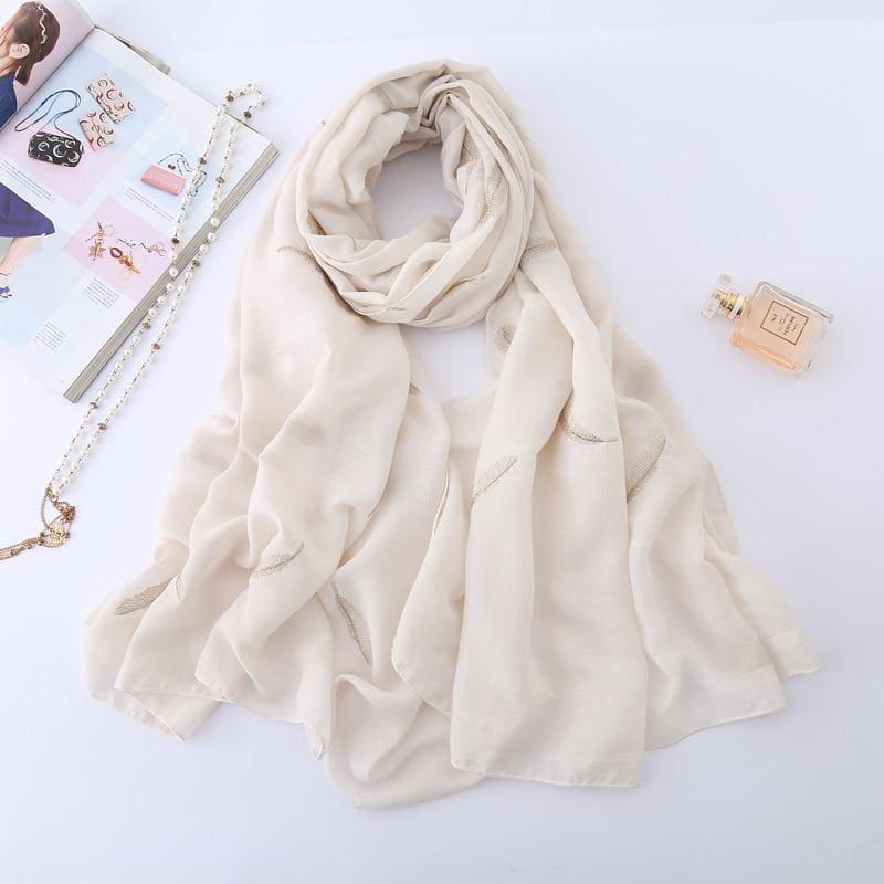 Feather Embroidery Cotton Scarf - Beige - scarf