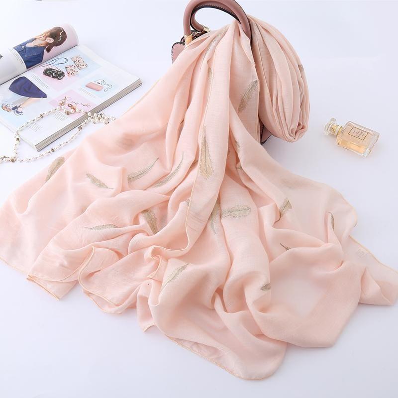 Feather Embroidery Cotton Scarf - Pink - scarf