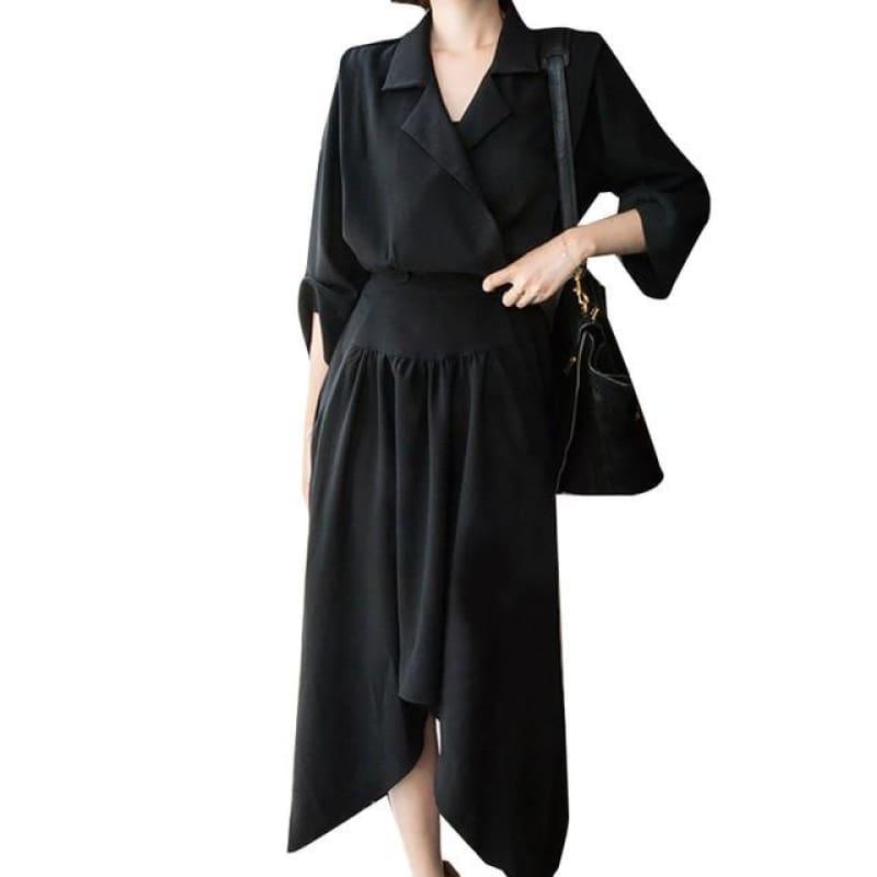 Female V Neck High Waist Ruched Pocket Split Asymmetrical Midi Dress - TeresaCollections