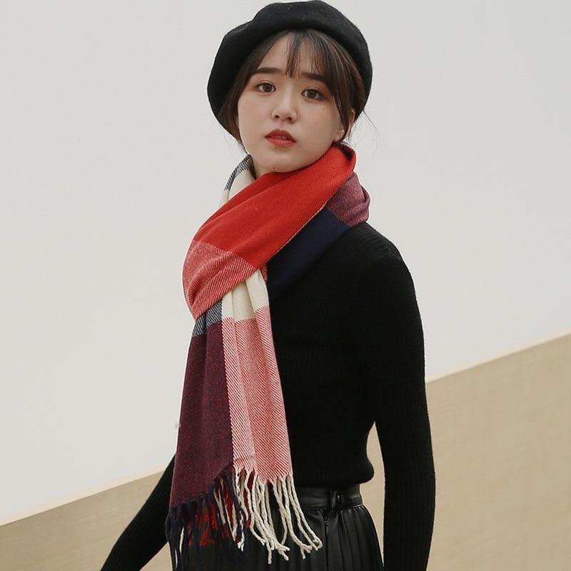 Female Wool Scarf Women Cashmere Scarves Wide Lattices Long Shawl Scarf - TeresaCollections