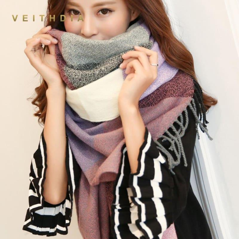 Female Wool Scarf Women Cashmere Scarves Wide Lattices Long Shawl Scarf - TeresaCollections