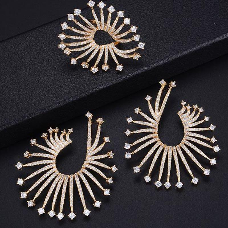 Fireworks Star Lights Full Micro Cubic Zirconia Wedding Engagement Earring Ring Jewelry Set - Gold / Resizable - Jewelry Set