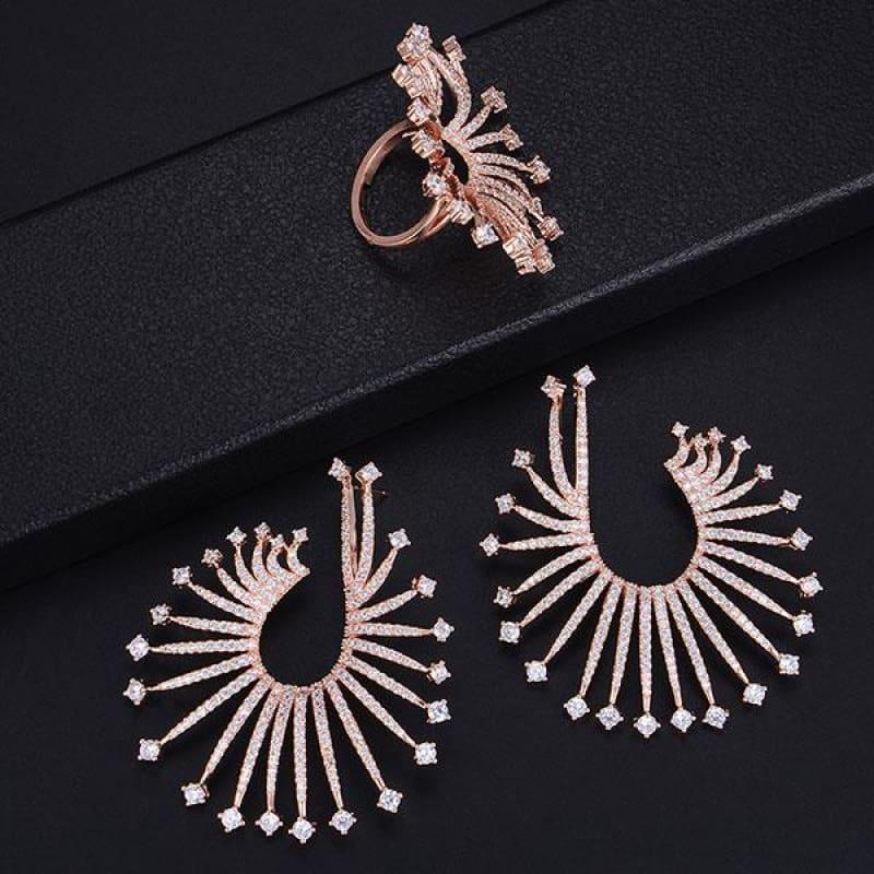Fireworks Star Lights Full Micro Cubic Zirconia Wedding Engagement Earring Ring Jewelry Set - Rose Gold / Resizable - Jewelry Set