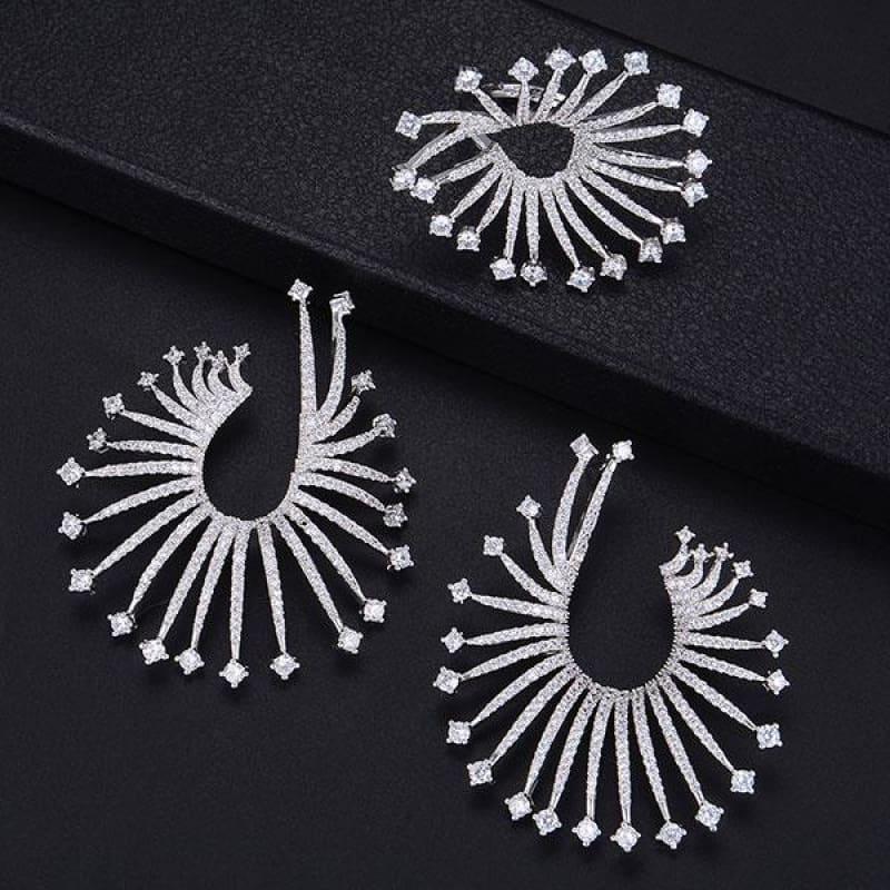 Fireworks Star Lights Full Micro Cubic Zirconia Wedding Engagement Earring Ring Jewelry Set - Silver / Resizable - Jewelry Set