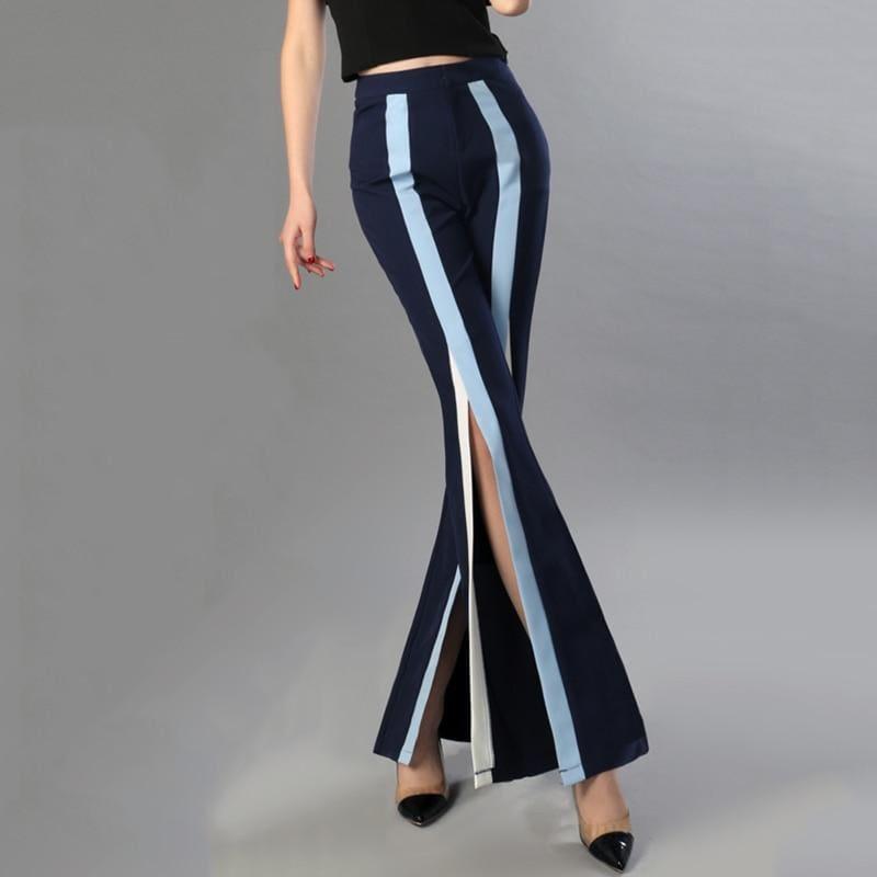 Flare Elastic Striped Split X Long Trousers - pants