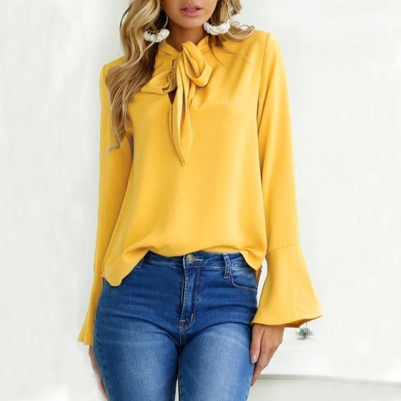 Flare Long Sleeve Chiffon Bow Ruffle Blouse - TeresaCollections