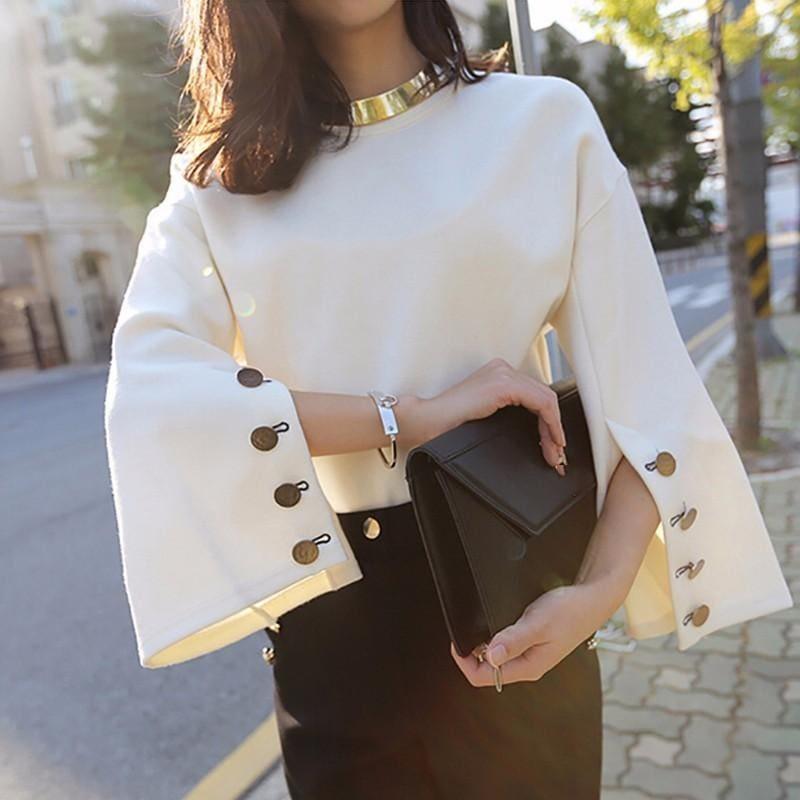 Flare Sleeve Split O Neck With Necklace White Pullover Blouse - TeresaCollections