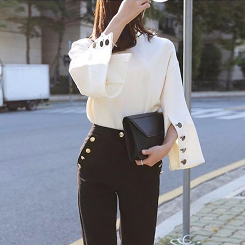 Flare Sleeve Split O Neck With Necklace White Pullover Blouse - Long Sleeve