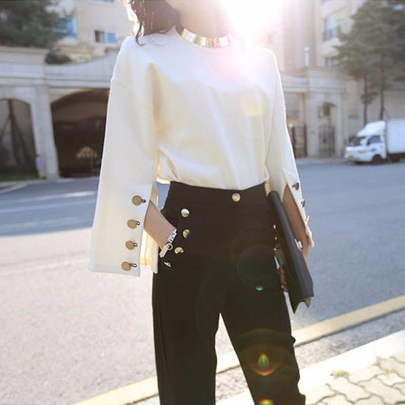 Flare Sleeve Split O Neck With Necklace White Pullover Blouse - Long Sleeve