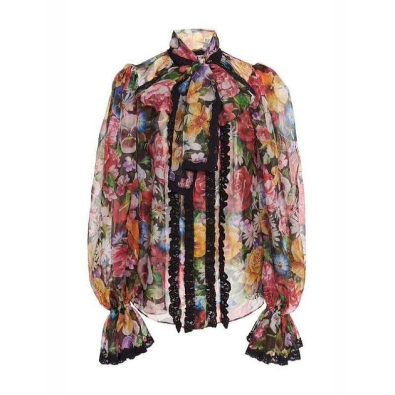 Floral Bowknot Flare Long Sleeve Patchwork Lace Print Tops Female Elegant Blouse - TeresaCollections