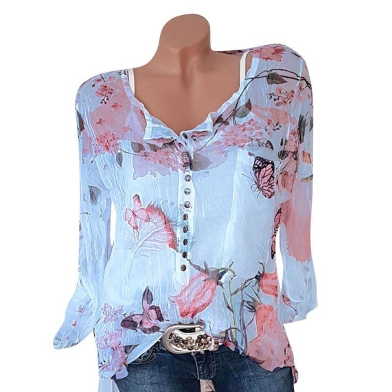 Floral Button Up Chiffon Long Sleeve Irregular Blouse - Blue / 4XL - Long Sleeve