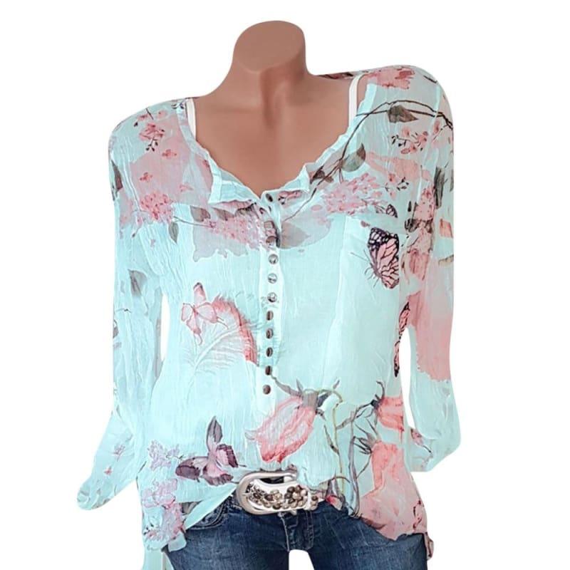 Floral Button Up Chiffon Long Sleeve Irregular Blouse - Green / 4XL - Long Sleeve