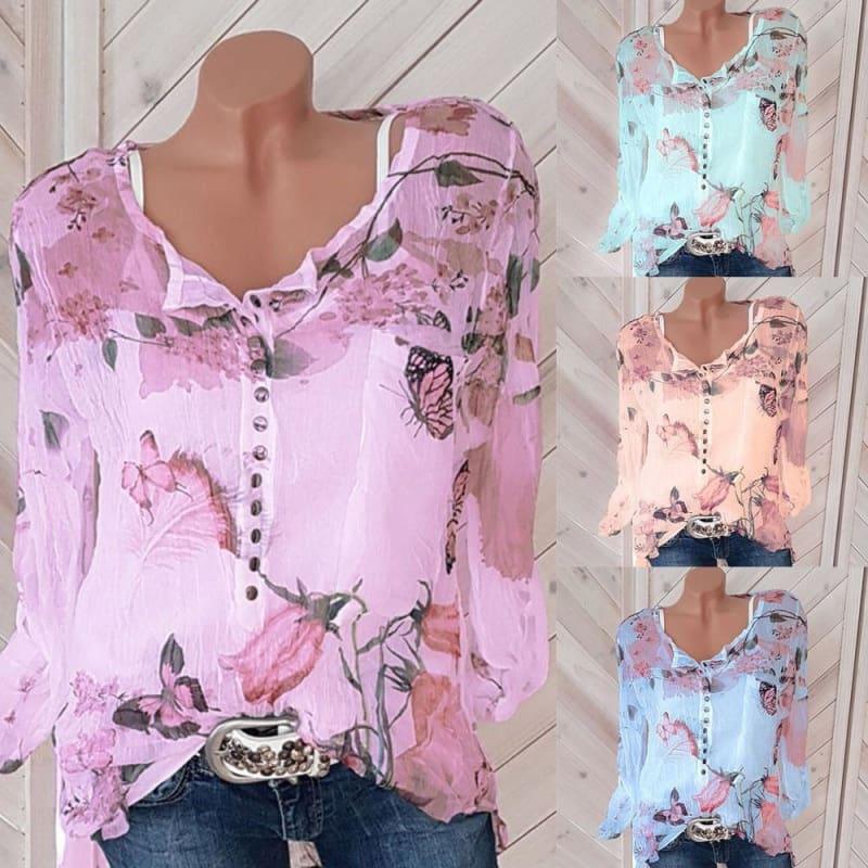 Floral Button Up Chiffon Long Sleeve Irregular Blouse - Long Sleeve