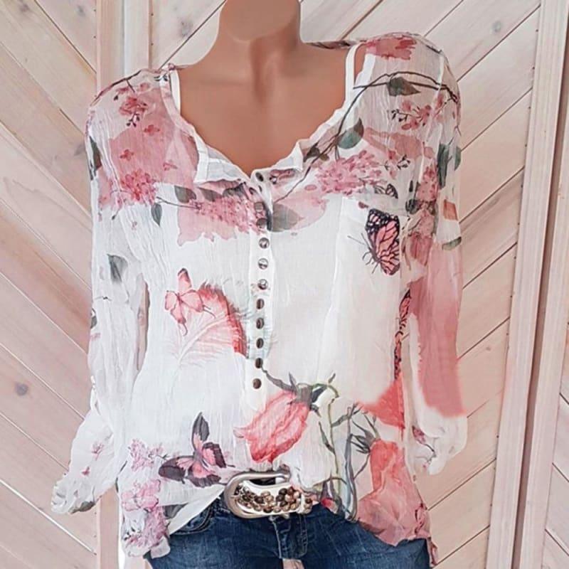 Floral Button Up Chiffon Long Sleeve Irregular Blouse - Long Sleeve