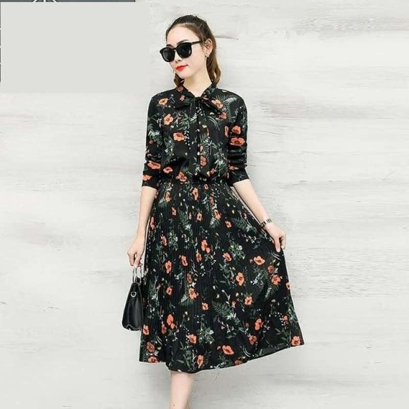 Floral Chiffon Long Sleeve Elegant Pleated Midi Dress - black / S - midi dress