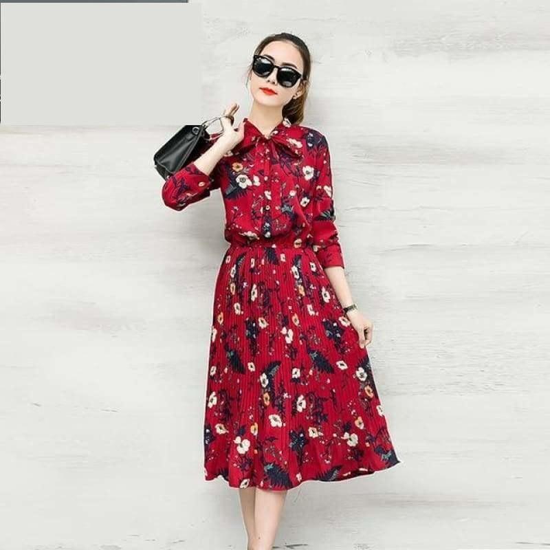 Floral Chiffon Long Sleeve Elegant Pleated Midi Dress - red / S - midi dress