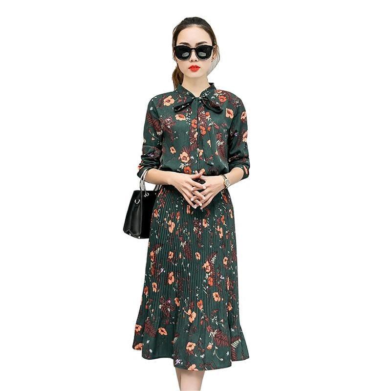 Floral Chiffon Long Sleeve Elegant Pleated Midi Dress - midi dress