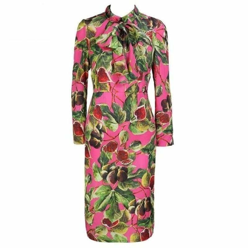 Floral Long Sleeve Bow Collar Elegant Fig Printed Mid Knee Length Slim Dress - Green / S - Mid Length