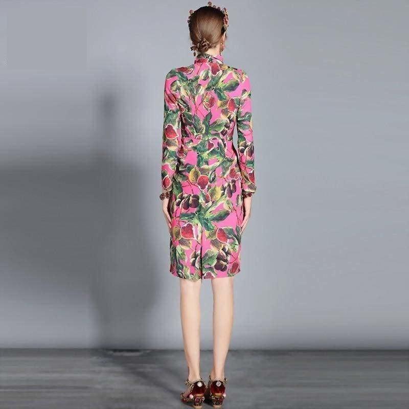 Floral Long Sleeve Bow Collar Elegant Fig Printed Mid Knee Length Slim Dress - Mid Length