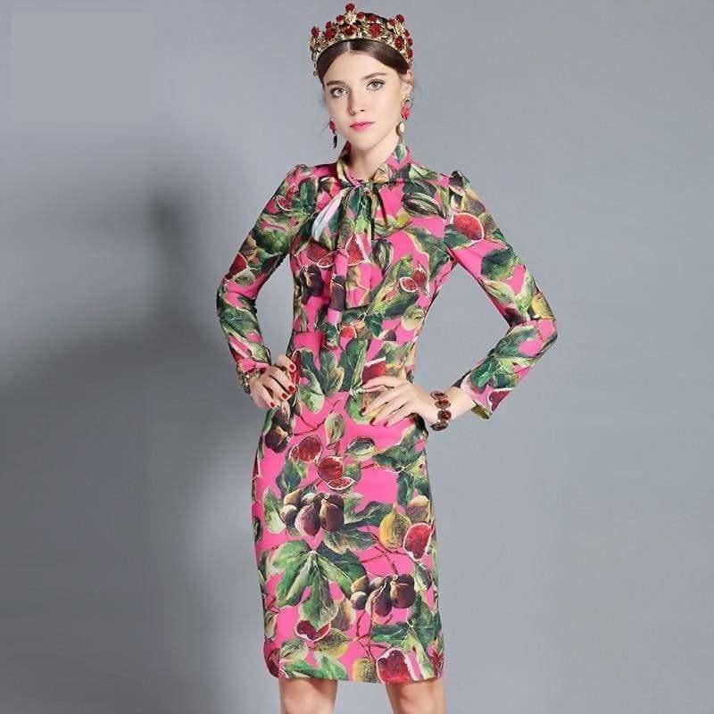 Floral Long Sleeve Bow Collar Elegant Fig Printed Mid Knee Length Slim Dress - Mid Length
