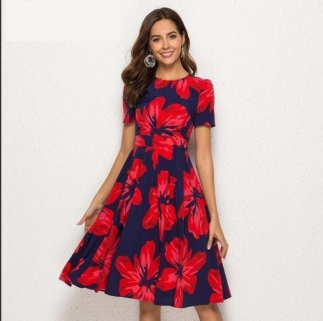 Floral Print Short Sleeve Dress - TeresaCollections