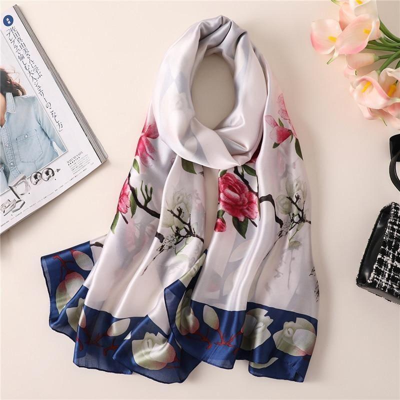 Floral Print Silk Scarf - FS260 beige navy - scarf