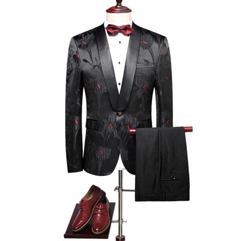 Floral Suit Shawl Collar Tuxedo Jacket Pants Luxury Suit - black suits / XXXL - mens suits
