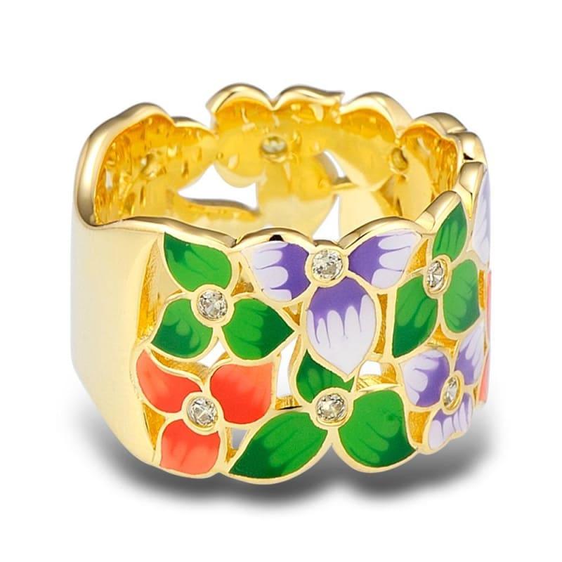 Flower Floral Rings Cubic Zirconia Golden Jewelry Enamel HANDMADE Ring - Rings