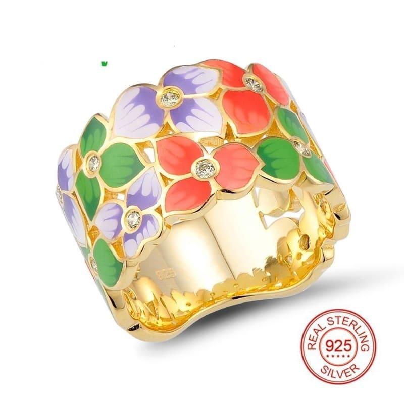 Flower Floral Rings Cubic Zirconia Golden Jewelry Enamel HANDMADE Ring - Rings