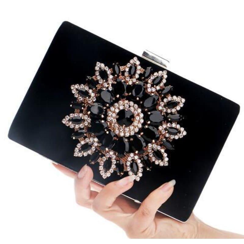 Flower Rhinestones Clutches Purse Bag - YM1061black - Clutch