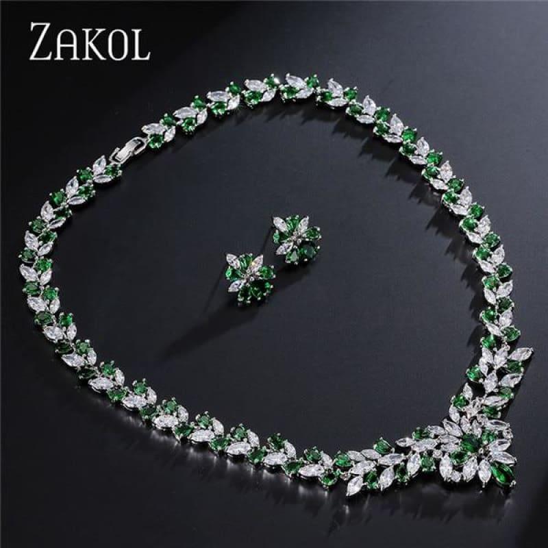 Flower Shape Cubic Zircon Necklace Earrings Classic Wedding Jewelry Sets - Green - Jewelry Set