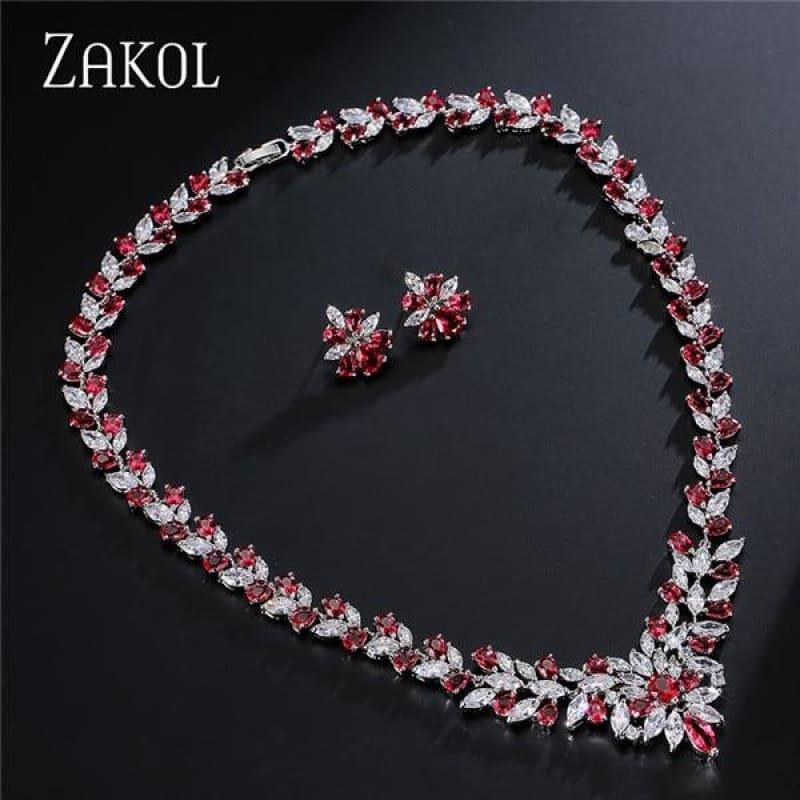 Flower Shape Cubic Zircon Necklace Earrings Classic Wedding Jewelry Sets - Red - Jewelry Set