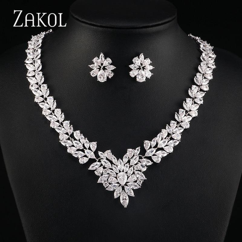 Flower Shape Cubic Zircon Necklace Earrings Classic Wedding Jewelry Sets - Jewelry Set