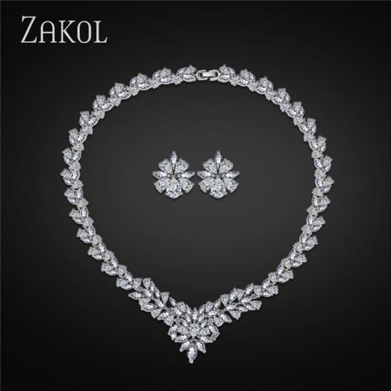 Flower Shape Cubic Zircon Necklace Earrings Classic Wedding Jewelry Sets - White - Jewelry Set