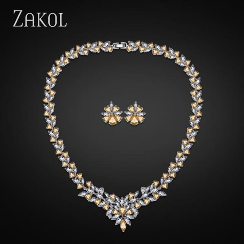 Flower Shape Cubic Zircon Necklace Earrings Classic Wedding Jewelry Sets - Yellow - Jewelry Set