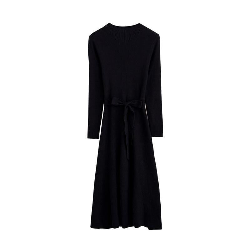 Form Fitting Long Sleeve Knit Sweater Dress - Black / L - Midi Dress