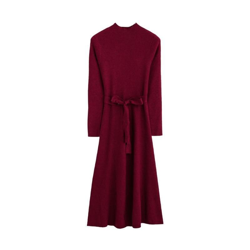 Form Fitting Long Sleeve Knit Sweater Dress - Burgundy / L - Midi Dress