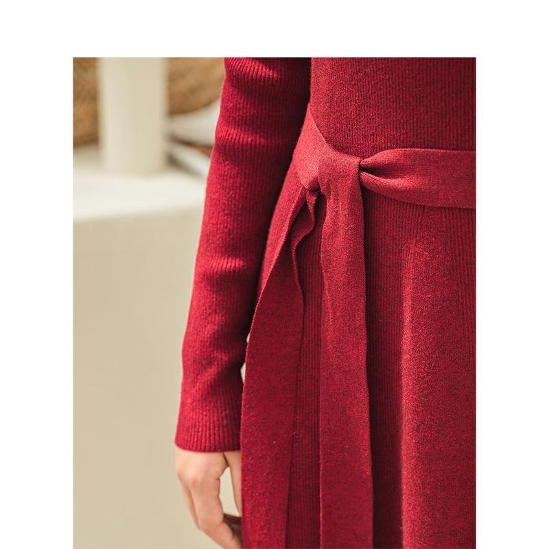 Form Fitting Long Sleeve Knit Sweater Dress - Midi Dress
