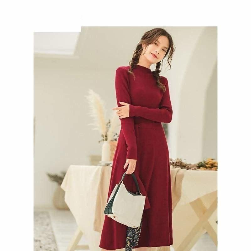 Form Fitting Long Sleeve Knit Sweater Dress - Midi Dress