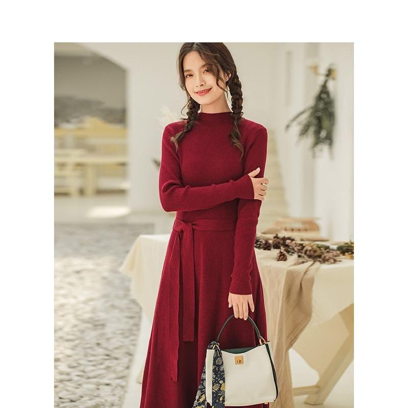 Form Fitting Long Sleeve Knit Sweater Dress - Midi Dress