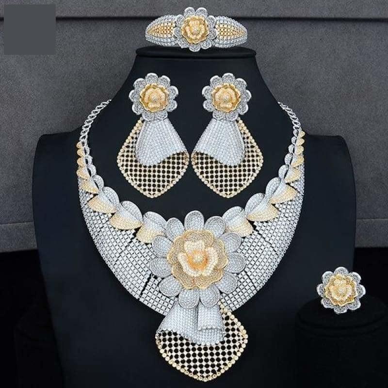 Four PCS African Lariat Wedding Cubic Zircon Crystal CZ Indian Gold Bridal Jewelry Sets - Bicolor / Resizable - Jewelry Set