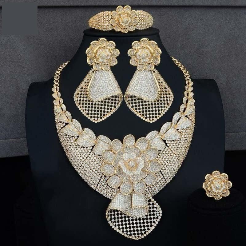 Four PCS African Lariat Wedding Cubic Zircon Crystal CZ Indian Gold Bridal Jewelry Sets - Jewelry Set
