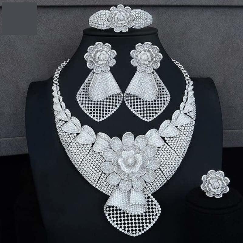 Four PCS African Lariat Wedding Cubic Zircon Crystal CZ Indian Gold Bridal Jewelry Sets - Silver / Resizable - Jewelry Set