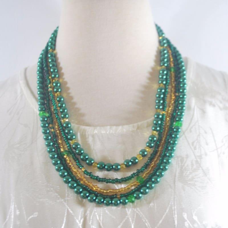 Four Strands Green and Gold Glass Pearls Necklace - Handmade